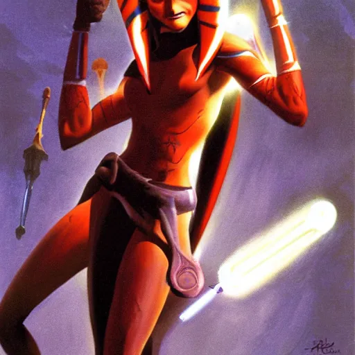 Image similar to Ahsoka with light by frank Frazetta