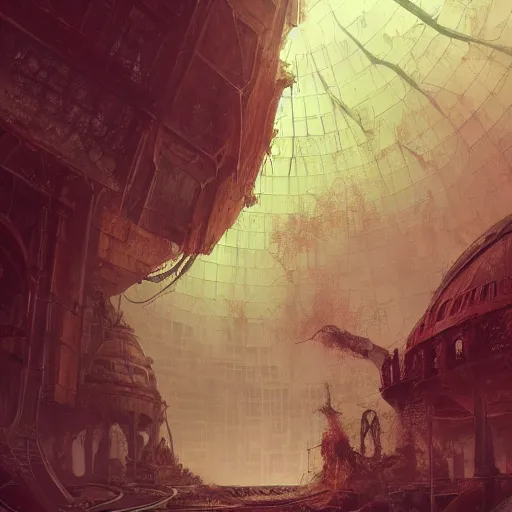 Image similar to concept art by greg rutkowski, a futuristic large inner garden under a great dome, desolate, covered in reddish slime on all sides, uncanny atmosphere, low light, scary atmosphere, scifi, highly detailed portrait, digital painting, artstation, concept art, smooth, sharp foccus ilustration, artstation hq