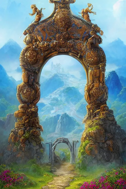 Image similar to A giant medieval fantasy blue energy portal gate with a rusty gold carved lion face at the center of it, the portal takes you to another world, full of colorful flowers on the lost Vibes and mountains in the background, spring, delicate fog, sea breeze rises in the air, by andreas rocha and john howe, and Martin Johnson Heade, featured on artstation, featured on behance, golden ratio, ultrawide angle, f32, well composed, rule of thirds, center spotlight, low angle view