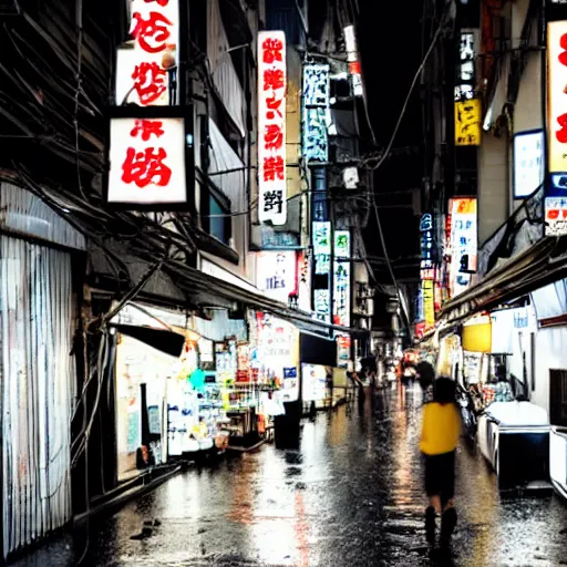Prompt: rain - soaked alley with messy overhead cables in tokyo at night, lots of neon signs