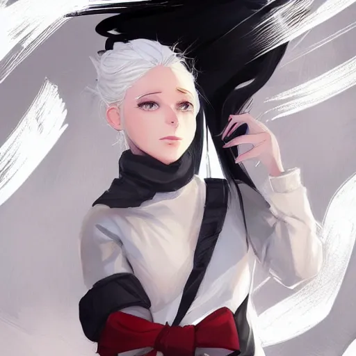 Prompt: portrait of a girl with white hair in a messy white hairbun. She is wearing a short black tshirt, jeans pants, a red scarf. magic atmosphere, digital art, character design. in the style of wlop, rossdraws, artstation trending