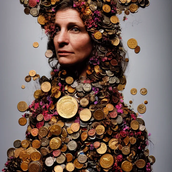 Prompt: closeup portrait of a woman wearing a cloak made of coins and flowers, standing in hell, by Annie Leibovitz and Steve McCurry, natural light, detailed face, CANON Eos C300, ƒ1.8, 35mm, 8K, medium-format print