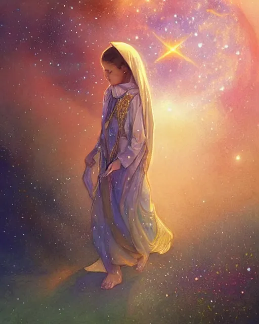 Prompt: bedouin child praying in galaxy walking towards mosque surrounded by nebula, highly detailed, gold filigree, romantic storybook fantasy, soft cinematic lighting, award, disney concept art watercolor illustration by mandy jurgens and alphonse mucha and alena aenami, pastel color palette, featured on artstation