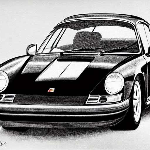 Image similar to black and white pencil sketch of a porsche 9 1 1 9 6 4 carrera 2