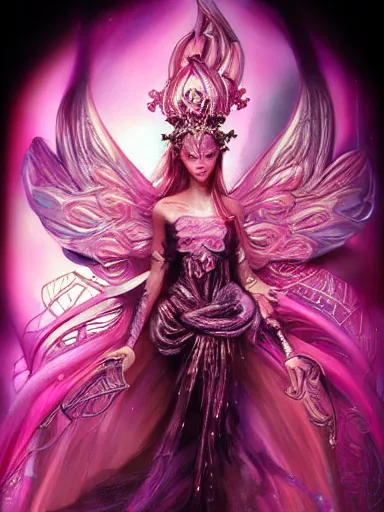 Image similar to pink portrait of beautiful female angel queen Lisa blackpink head wearing shiny pink crown, subtle purple accents, hyper details, black metal rococo, sculpted by Alex Alice, Craig Mullins, yoji shinkawa, trending on artstation, beautifully lit, Peter mohrbacher, hyper detailed, insane details, intricate, elite, elegant, luxury, ray of light through smoke, CGsociety, hypermaximalist, golden ratio, volumetric, octane render, weta digital, micro details, 3d sculpture