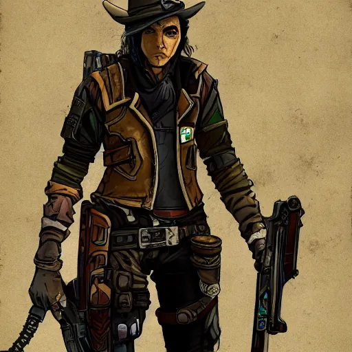 Image similar to full body concept art of a post-apocalyptic gunslinger in the style of high fantasy art, borderlands, cell shaded in the style of Wild west art art trending on artstation deviantart Pinterest detailed High Resolution HD 8k cell shaded full colour bright colour