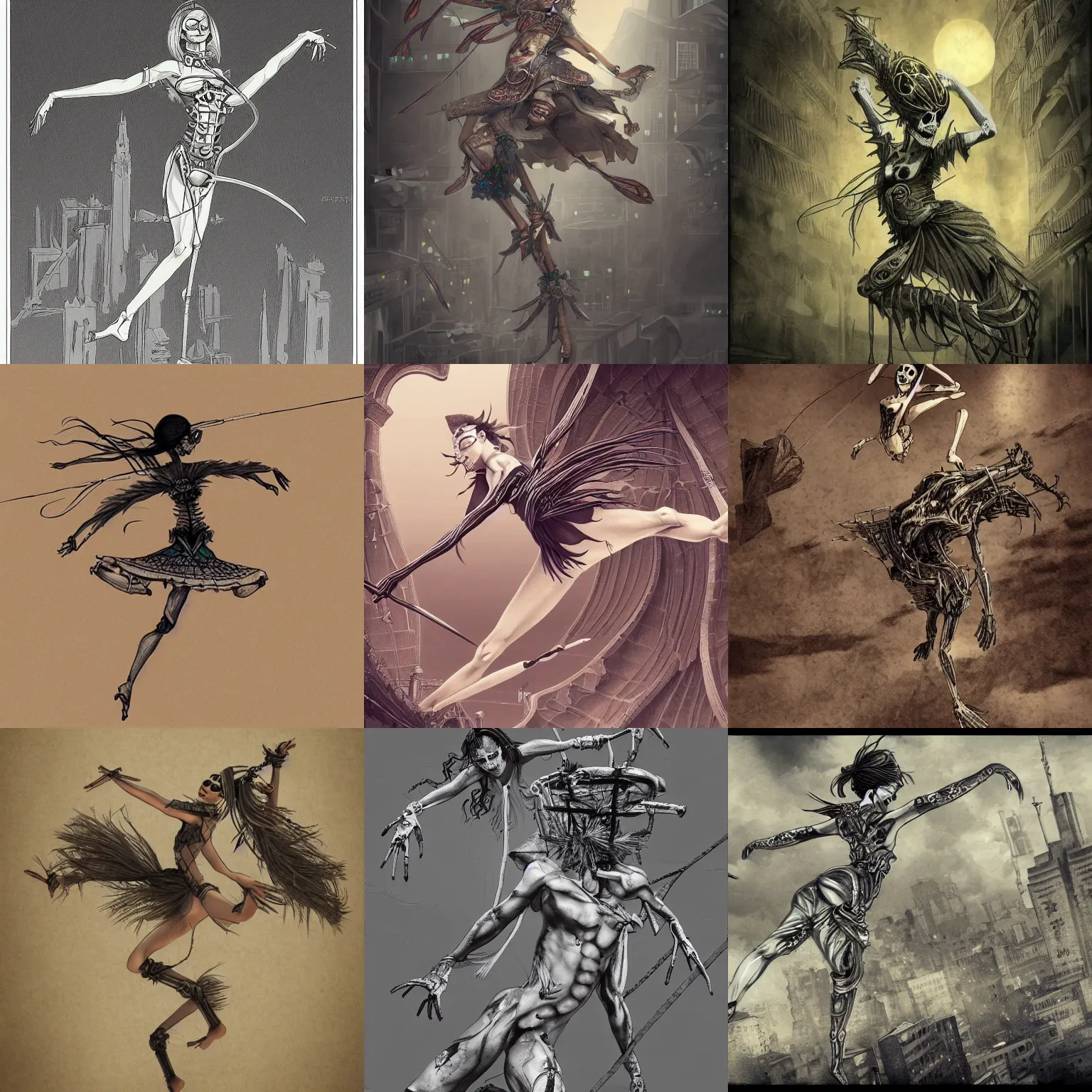 Prompt: aerial dancer in city of skeletons by ueshiba riichi illustration, highly detailed, concept art