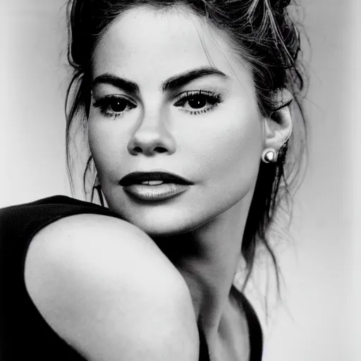 Image similar to Sofia Vergara. close up studio portrait. By Robert Mapplethorpe. Tri-x.