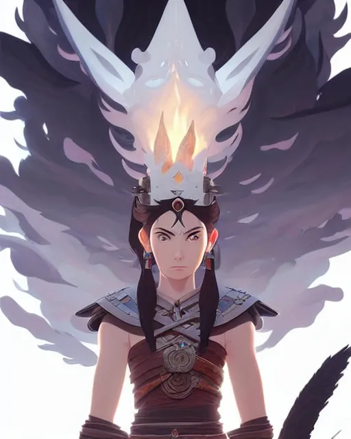 Image similar to azctec warrior, cersie, detailed perfect face, exquisite details, fire magic, mid view, design on a white background, by studio muti, greg rutkowski makoto shinkai takashi takeuchi studio ghibli