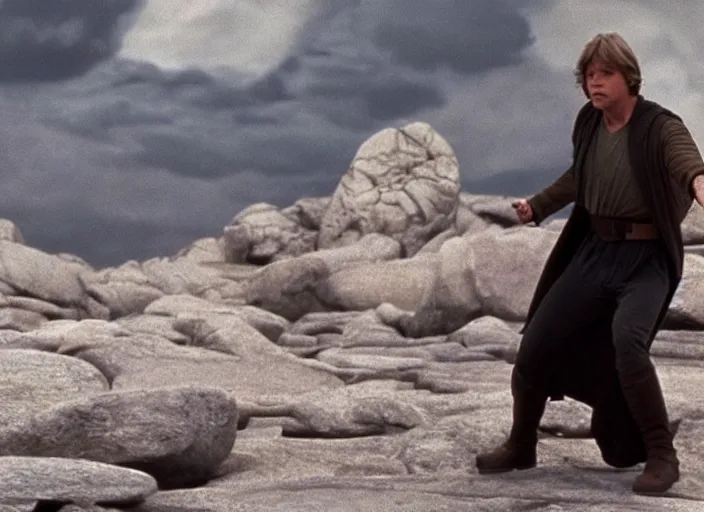 Image similar to epic screenshot from the film of Luke Skywalker, played by Mark Hammill, levitating rocks mid-air, outside marble, iconic scene from the force awakens, 1980s film directed by Stanley Kubrick, cinematic lighting, kodak, strange, hyper real, stunning moody cinematography, with anamorphic lenses, crisp, detailed portrait, 4k image