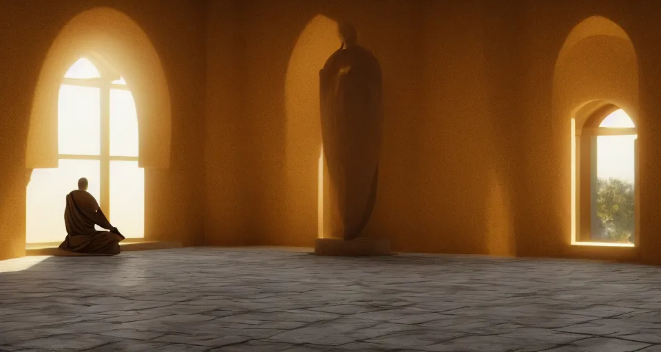 Image similar to a golden statue of a monk praying inside if a desert temple, atmospheric lighting, 4 k