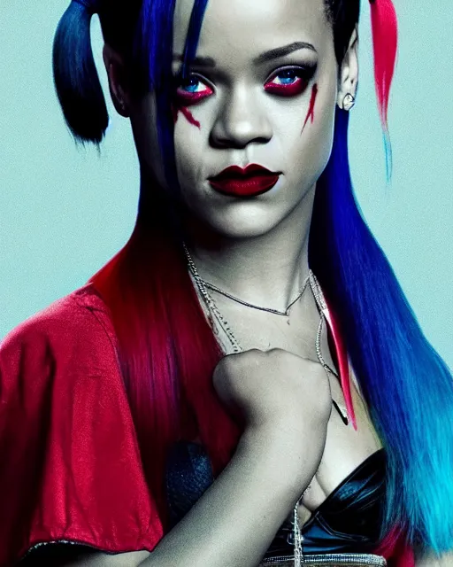 Prompt: (((((((( film still rihanna as Harley Quinn : sassy : 8K UHD : 2023 promotional poster : Harley Quinn movie studio lighting !!!!!!