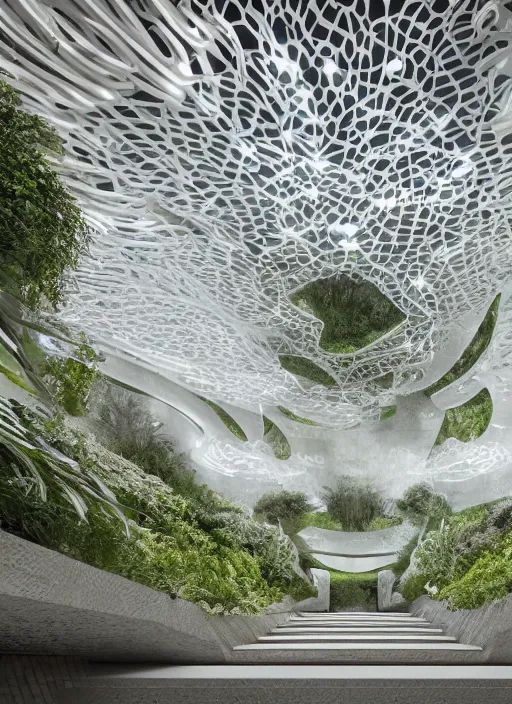 Image similar to a photo of a futuristic biomimicry oasis interior + the interior is elegant and made of a biomimicry nature with ornate patterns + photo taken on a misty morning + architectural photography, 8K, photorealistic