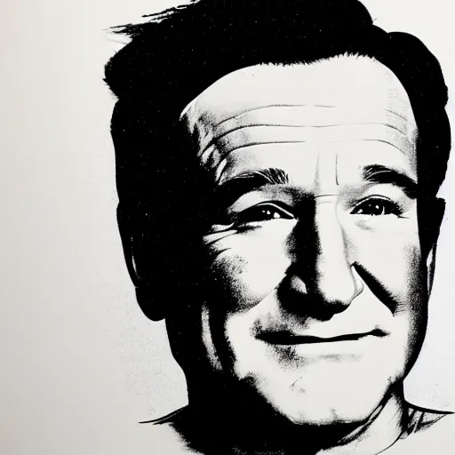 Image similar to silkscreen and lithography to create robin williams in the style of andy warhol