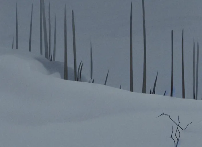 Prompt: minimalist charred moody rhythmic dramatic wooded snowdrift landscape from mulan ( 1 9 9 8 )