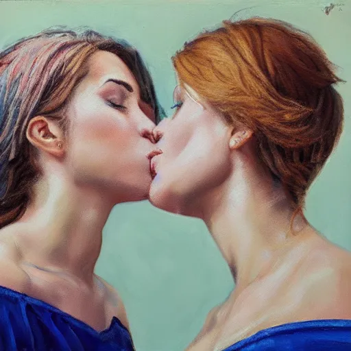 Image similar to two women kissing, oil on canvas, highly detailed, photo realistic