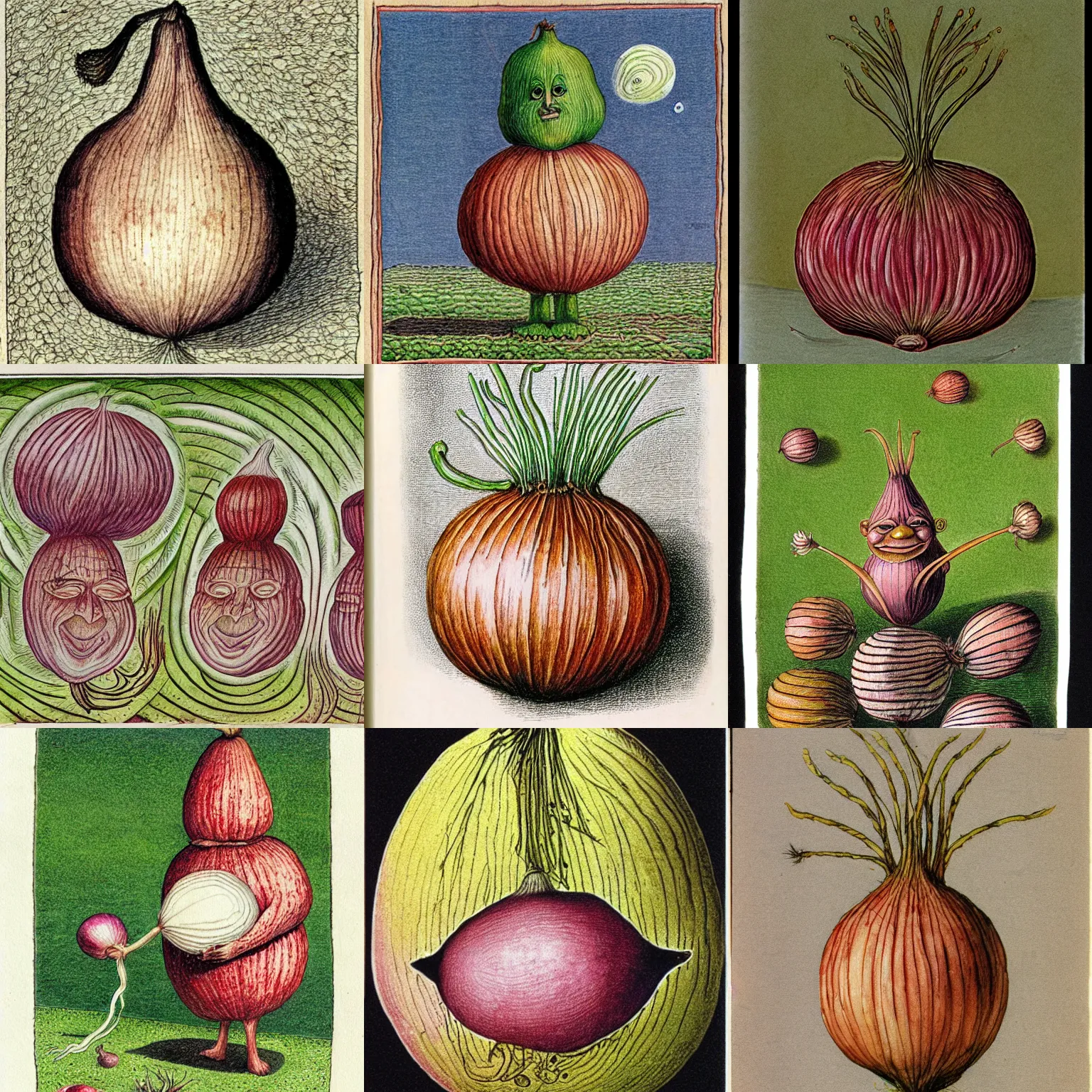 Prompt: onion man from scan of codex seraphinianus