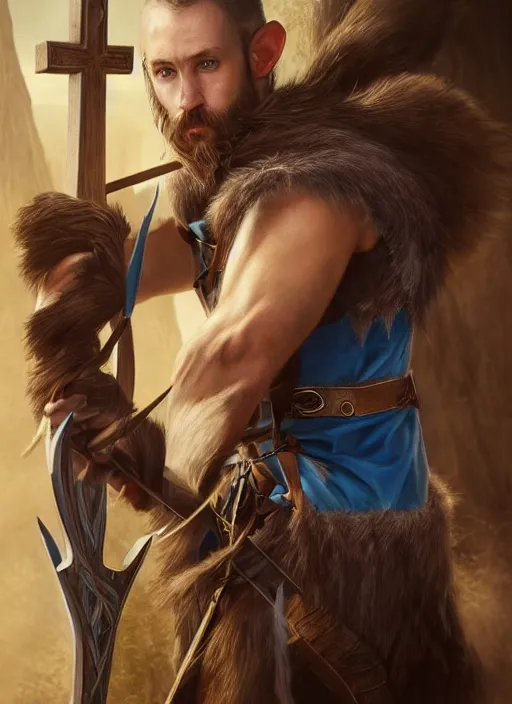 Image similar to A striking hyper real painting of a half elf ranger holding a cross bow with magic blue swirls, shaggy brown hair, scruffy beard, scar on face, blue tunic, unreal 5, DAZ, hyperrealistic, octane render, cosplay, RPG portrait, dynamic lighting