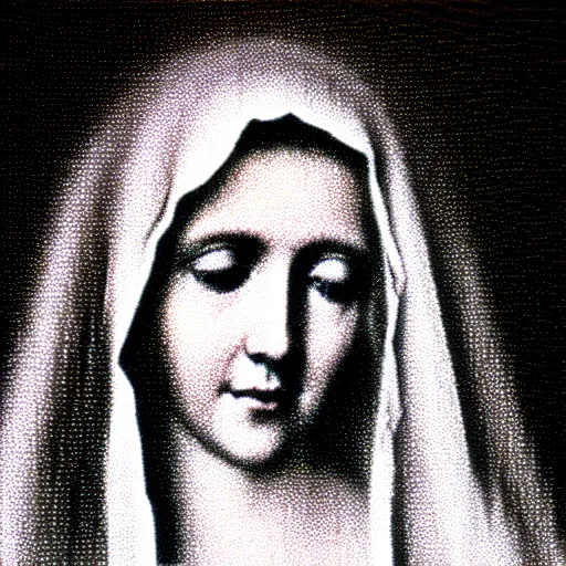 Image similar to vhs static overlay of virgin mary, vhs, 1 9 9 0, highly realistic, highly detailed, vhs noise static, black and white, vhs glitch