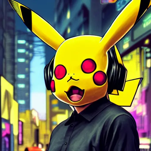 Prompt: Side view of a Pikachu cyborg demon in cyberpunk headset and helmet on the street of a cyberpunk city, sci-fi, fantasy, intricate, very very beautiful, elegant, highly detailed, digital painting, artstation, concept art, smooth, sharp focus, illustration, concept art by Josan Gonsales and James Gurney and Mœbius