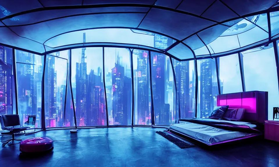 Image similar to a futuristic bedroom with large curved ceiling high windows looking out to a far future cyberpunk cityscape, cyberpunk neon lights, raining, scifi