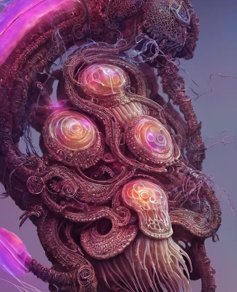 Image similar to goddess close-up portrait ram skull. jellyfish phoenix head, nautilus, orchid, ram skull, betta fish, bioluminiscent creatures, intricate artwork by Tooth Wu and wlop and beeple. octane render, trending on artstation, greg rutkowski very coherent symmetrical artwork. cinematic, hyper realism, high detail, octane render, 8k