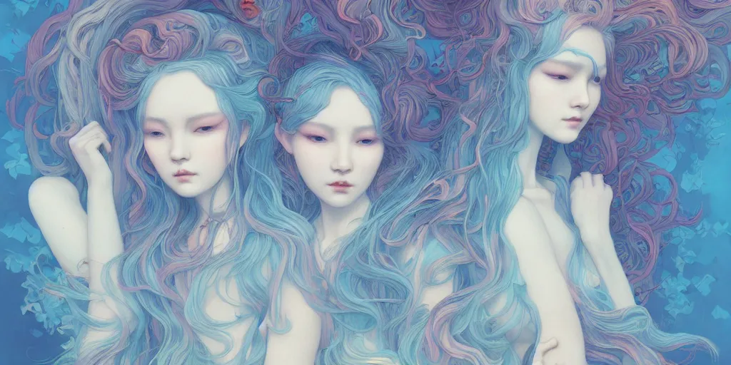 Prompt: breathtaking detailed concept art painting pattern with gradient pastel colors of blue hair faces goddesses amalgamation autumn leaves, by hsiao - ron cheng and james jean, bizarre compositions, exquisite detail, 8 k