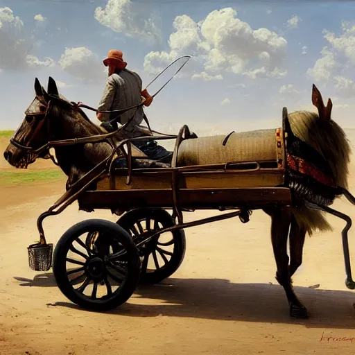 Image similar to a man pulling a cart with a horse on it, hyperrealism, no blur, 4 k resolution, ultra detailed, style of ron cobb, adolf hiremy - hirschl, syd mead, ismail inceoglu, rene margitte