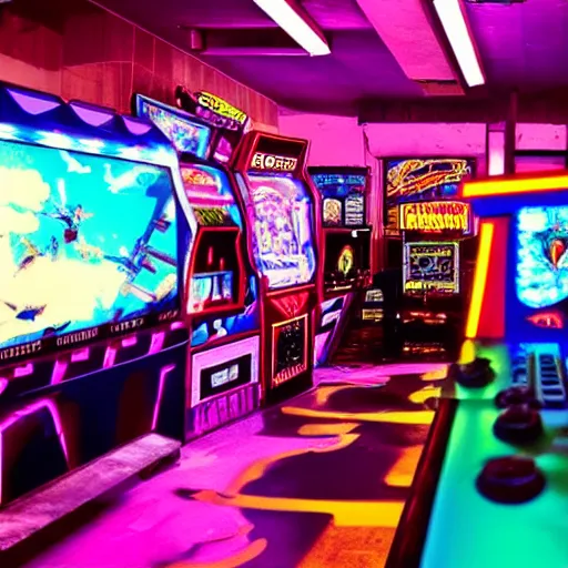 Image similar to video game arcades, synthwave, Retrowave