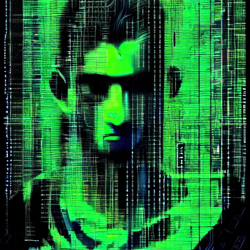 Image similar to hyperrealistic portrait of a cyberpunk man, teenager, long hair, immersed within a network, glitch eyes, by Guy Denning, Johannes Itten, Derek Gores, Russ Mills, glitch art, smooth lines, fine detail, polished, complex, hacking effects, holographic, digital tech effects, green, color blocking!, realistic, acrylic on canvas, concept art, abstract!, symmetrical, 8k, concept art, octane, photorealistic, cgsociety, trending on artstation