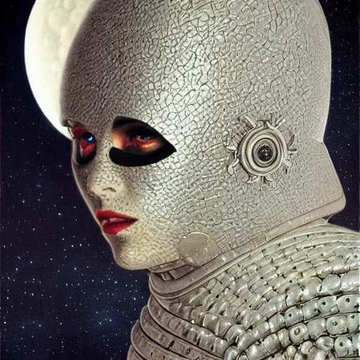 Image similar to portrait of beautiful gothic and futuristic fashion model, space armour, cyber armour, highly detailed, artstation, illustration, composition, 8 k quality, art by jean delville, rene magritte, hyperrealism oil painting