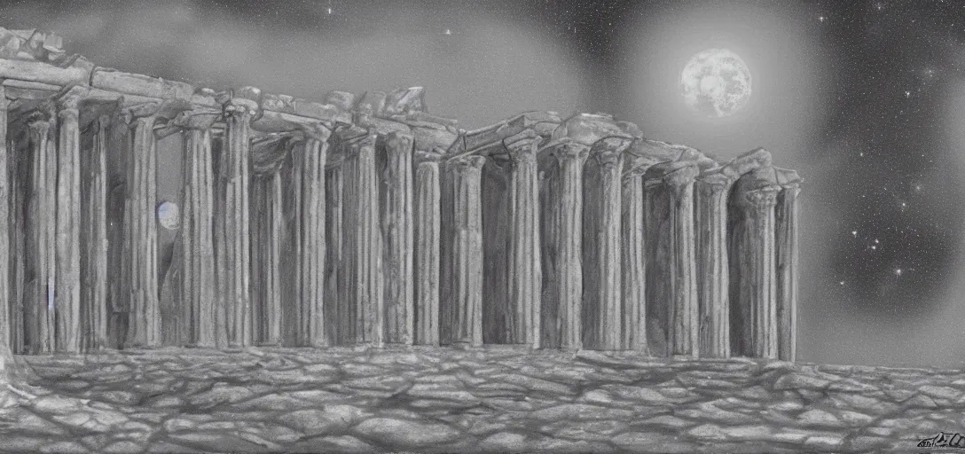 Prompt: The ruins of the Silver Millennium on the moon from Sailor Moon, digital painting, Earth in the distance, Greek-esque columns and ruins, grey sand