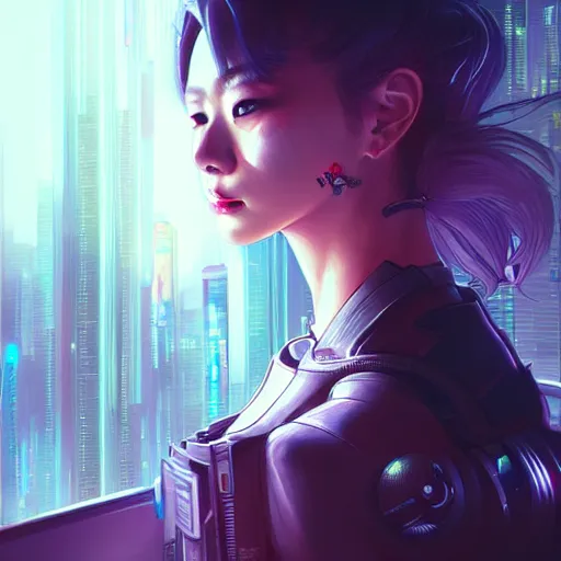 Image similar to art by rossdraws, portrait of cyberpunk woman looking out of a window, cyberpunk setting, futuristic, highly detailed, intricate lighting, digital painting, sharp focus, illustration, trending on artstation.