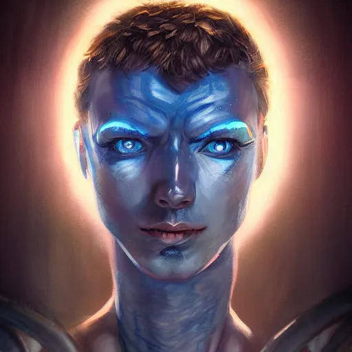 Prompt: Futuristic farmer portrait, deep blue eyes, radiant light, in the style of WLOP and tony sart