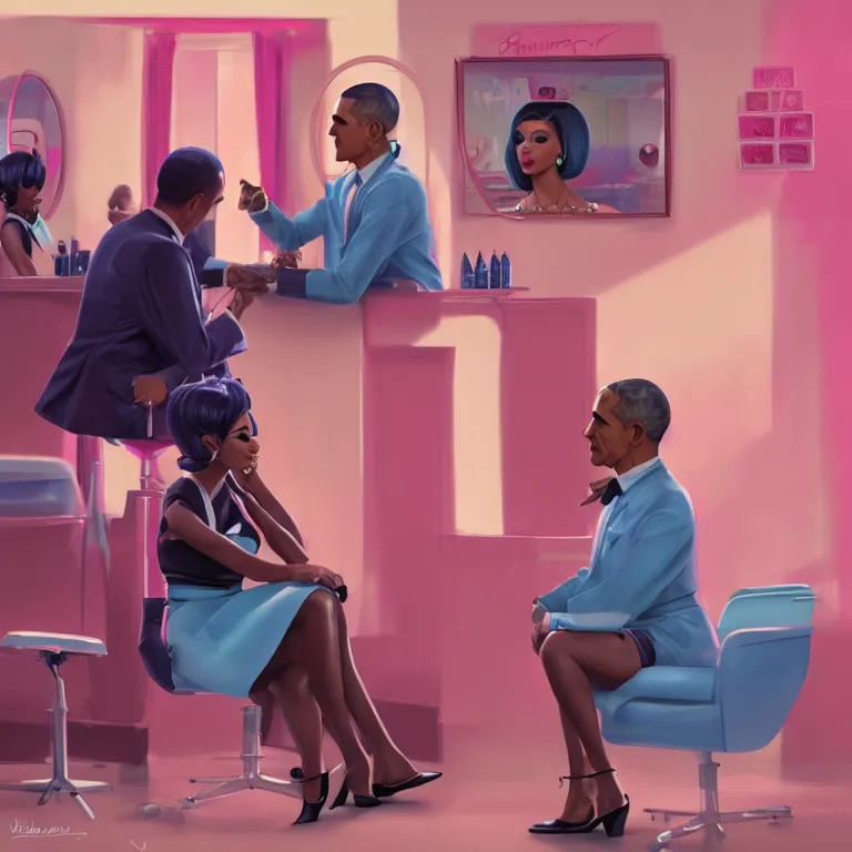 Prompt: 1 9 6 0 s concept illustration portrait of nicki minaj sitting next to barack obama in a barbershop. cinematic scene. volumetric lighting, flat style, pastel colors, hyper detailed. octane render. concept art. trending on artstation.