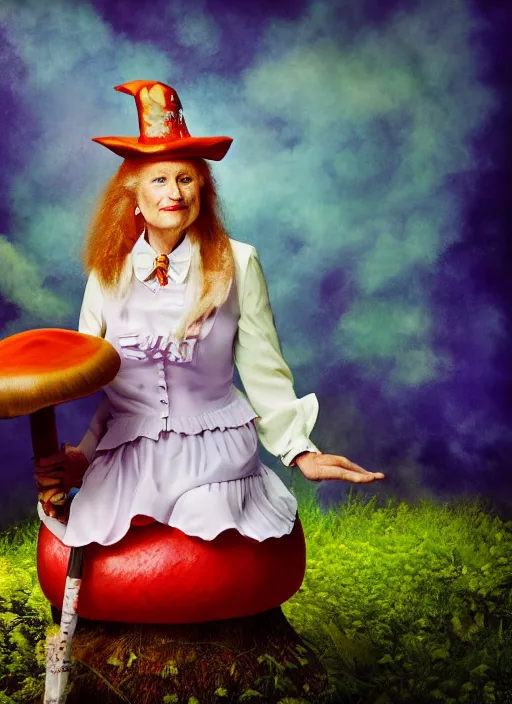 Prompt: annie leibovitz of donald trump as alice from alice in wonderland, sitting on a giant mushroom, vibrant colors, atmospheric, mist, magical, fantasy, studio lighting, soft focus
