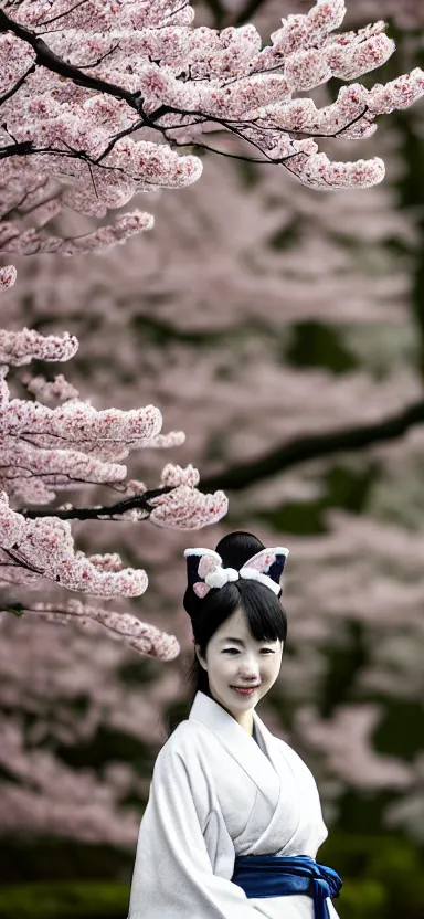 Image similar to “ a portrait photo of a young asian woman with fox ears wearing kimono at a sakura tree, side shot, by shunji dodo, 8 k resolution, black and white photo, high quality ”