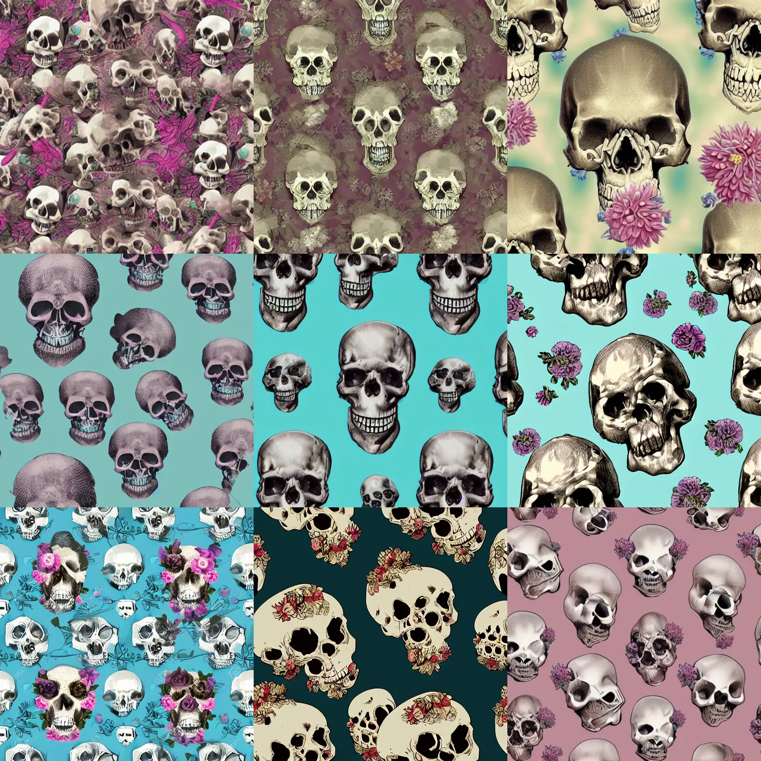 Prompt: skulls inside skulls, fractals, squirrel skull, monkey skull, dog skull, floating in the air, soft focus, pastel colours, background old wallpaper with flowers.