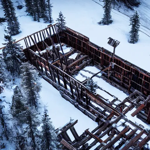 Image similar to top down drone footage of post pocaliptic frostpunk landscape, old abandoned lumber mill, crates with wood and supply, beautiful icy area