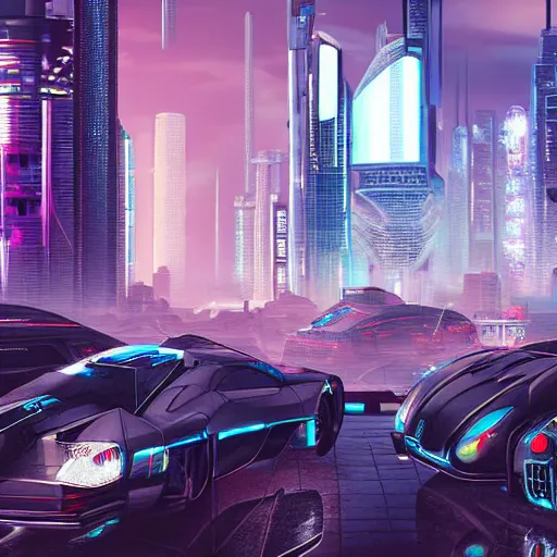 Prompt: cyberpunk style city with futuristic cars in the foreground