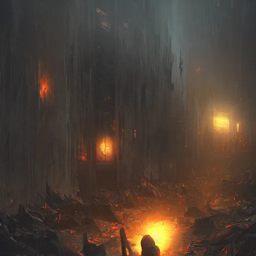 Image similar to hell with people suffering, landscape, horror core, apocalyptic, feeling of grimdark, sharp focus, fiction, hyper detailed, digital art, trending in artstation, cinematic lighting, studio quality, smooth render, unreal engine 5 rendered, octane rendered, art style and nixeu and wlop and krenz cushart