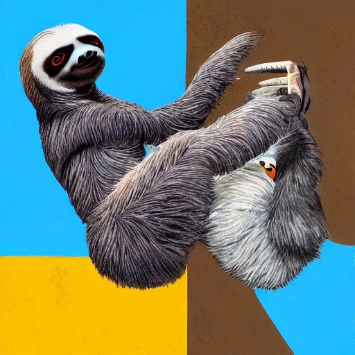 Prompt: painting of a sloth vs pigeon kung fu style in a dojo, facing each other, aggressive sloth vs a muscled pigeon, best photo award, high quality 8 k, cinematic lighting, painting by kusama, high detail, realism : 9 5 %