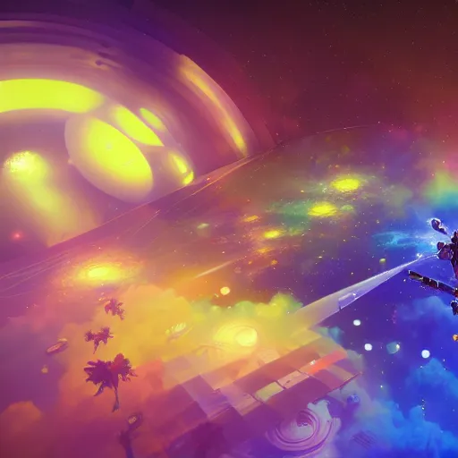 Image similar to astronaut maestro directing a large symphony creating beautiful music of color and happiness, synthesthesia, digital painting, trending on artstation, unreal engine 5, CG society, hypermaximalist, golden ratio