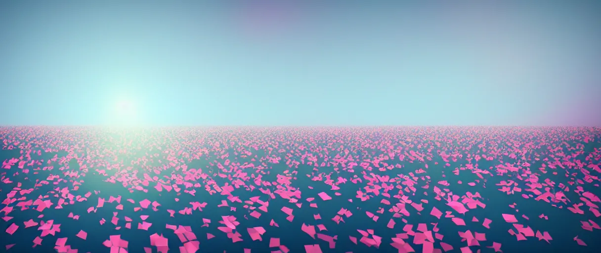 Image similar to 3 d render, low poly art, minimalist, flowers, teal sky, lowpoly landscape, particles floating, unreal engine, dreamy, bokeh, bounce light, bright lighting, complementary palette