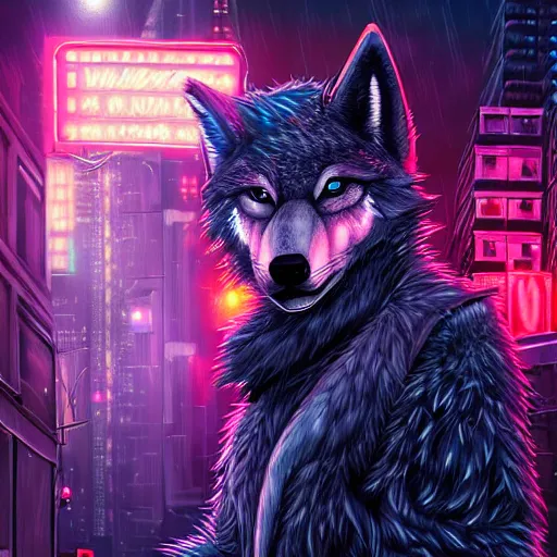 Prompt: beautiful furry art portrait commission of a furry anthro wolf fursona wearing punk clothes in the streets of a cyberpunk city at night in the snow. neon signs. character design by charlie bowater, ross tran, rick griffin, miles df, detailed, inked, western comic book art