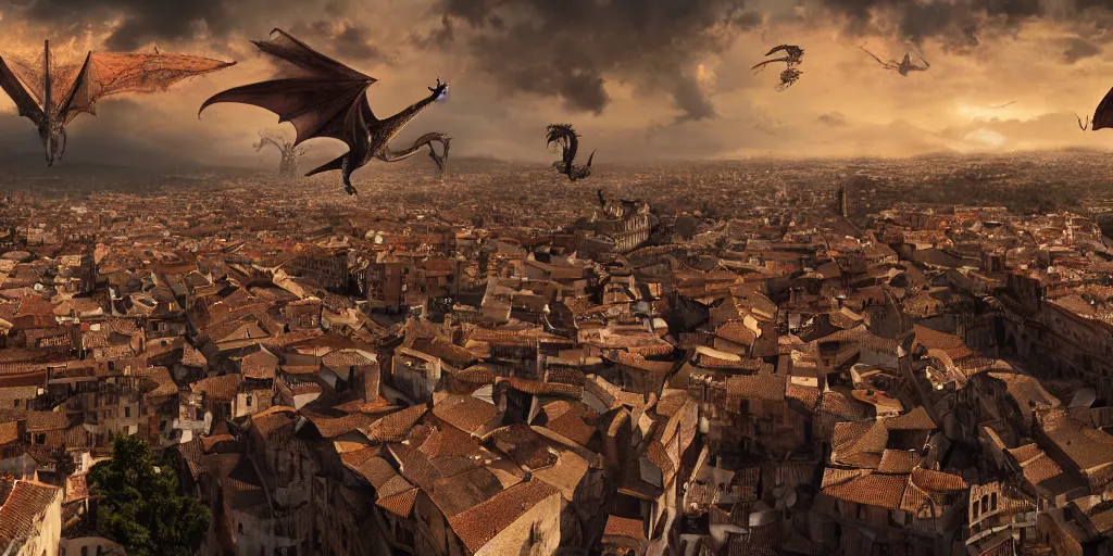 Image similar to the monumental city of caceres with dragons flying over it, dramatic lighting, cinematic, extremly high detail, photorealistic, cinematic lighting, post processed, concept art, artstation, matte painting, style by greg rutkowsky