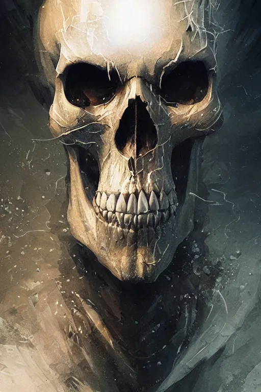 Image similar to concept art skull lord, brushstroke, close - up portrait, powerfull, intricate, elegant, volumetric lighting, scenery, digital painting, highly detailed, artstation, sharp focus, illustration, concept art, ruan jia, steve mccurry