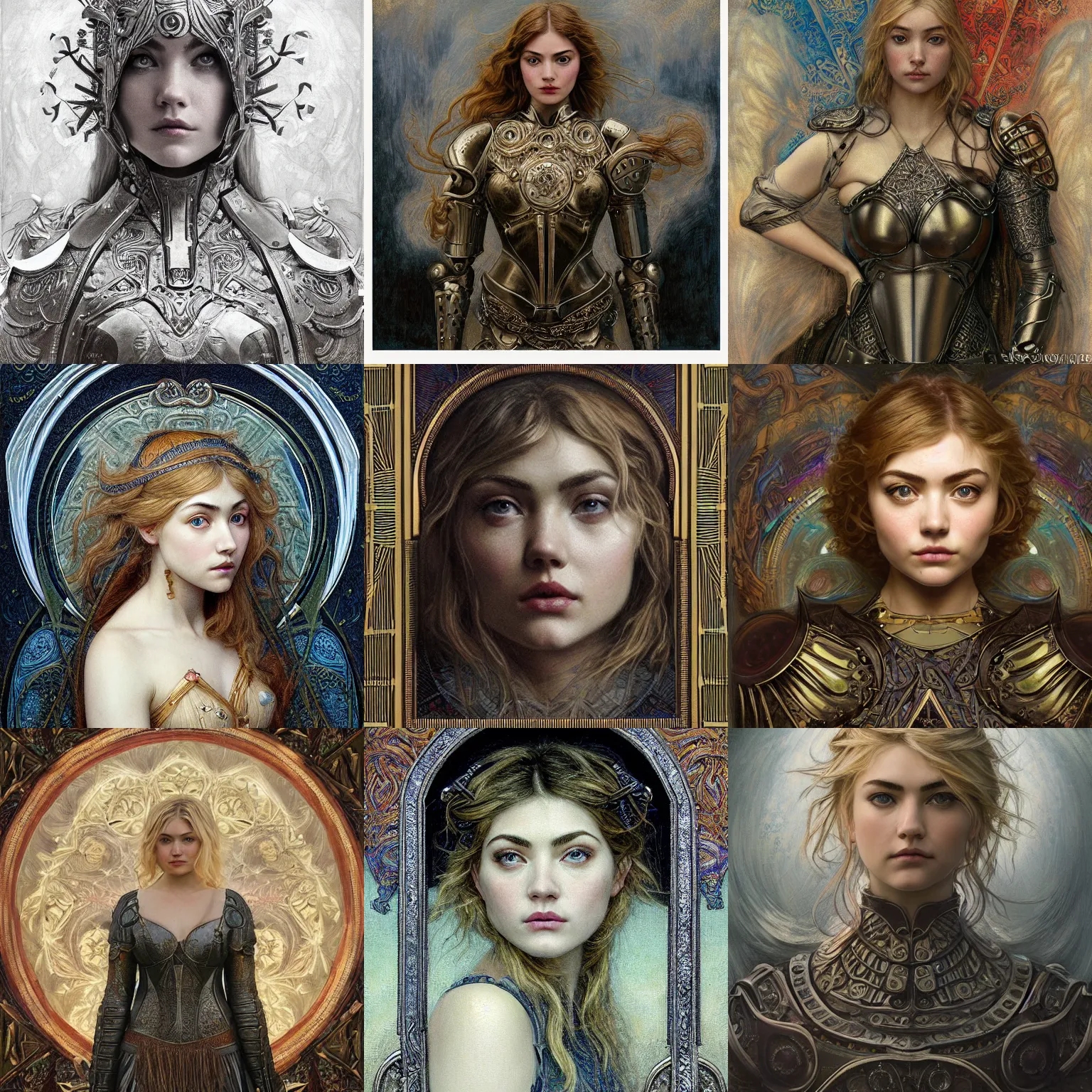 Prompt: masterpiece head-on symmetrical centered portrait, Imogen Poots and Elisha Cuthbert as a D&D paladin, wearing steel plate armour over chest, blonde hair, masterpiece fractal art nouveau background, elegant, distant, Pre raphaelite art style, in the style of Edgar Maxence and Ross Tran and Zdzisław Beksiński and Gustave Doré and H.R. Giger and Mucha, specular highlights, 8k, octane render