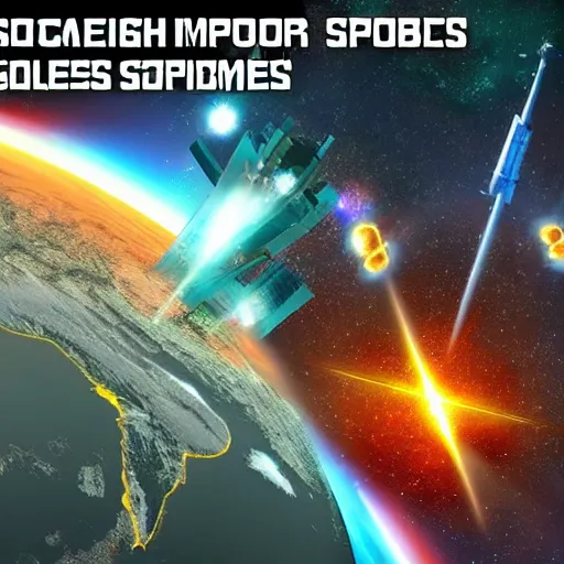 Prompt: Earth defenses 2350, space satellites, lasers firing, space station, missiles,weapons arrays, explosions, bright thin lasers, beautiful lighting