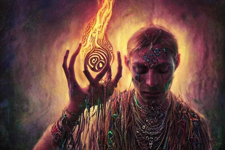 Image similar to psychedelic shaman with trinket necklace, epic angle and pose, reflective pool, symmetrical artwork, ayahuasca, translucent, fungus, energy flows of water and fire, highly detailed, epic cinematic concept art, excellent composition, dystopian brutalist atmosphere, dynamic dramatic lighting, aesthetic, very inspirational, arthouse, Greg Rutkowski, Artgerm